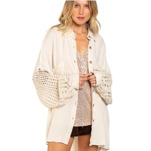 Women’s Natural Gauze Crochet Sleeve Oversized Shacket NWT